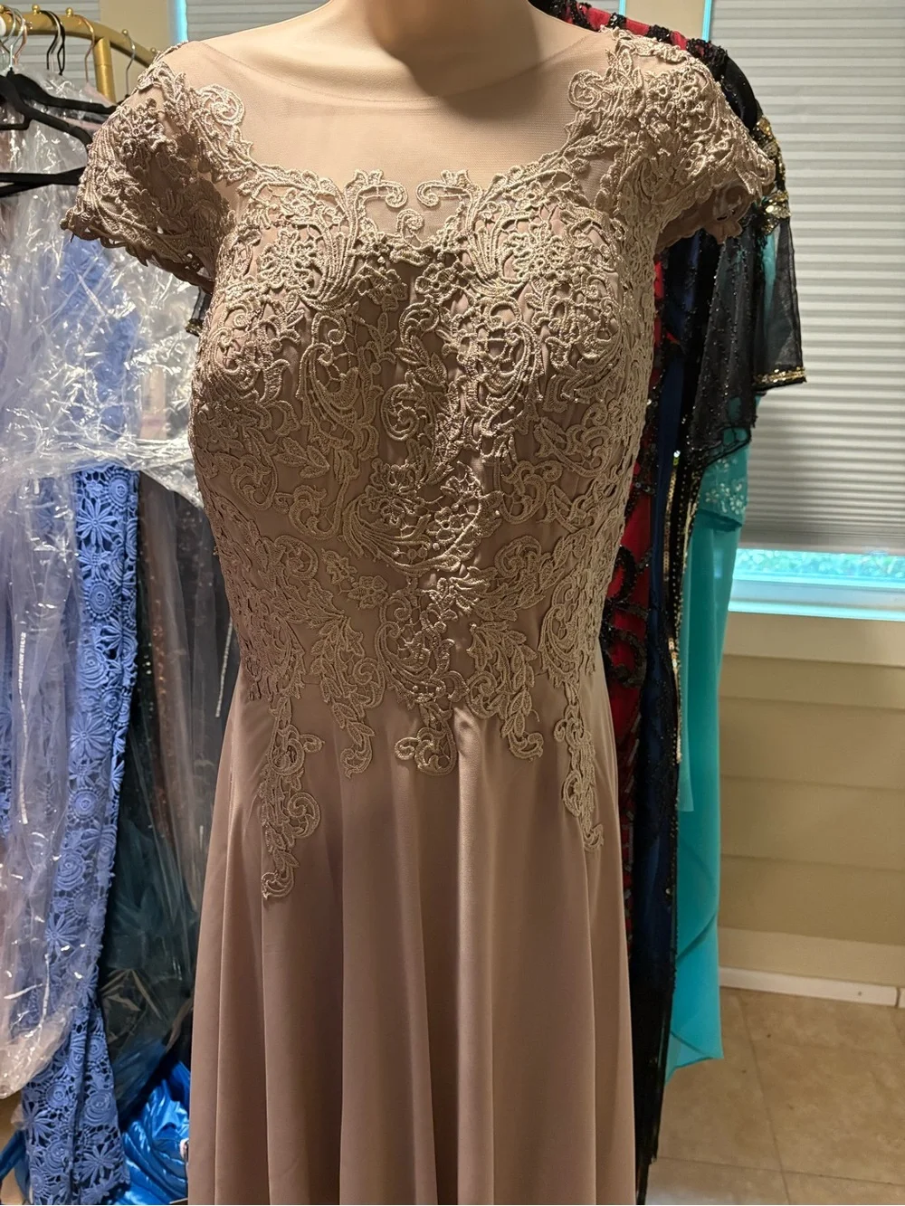 Cap-Sleeve Lace Bodice Maxi Dress in Champagne Taupe - Picture 2 of 5